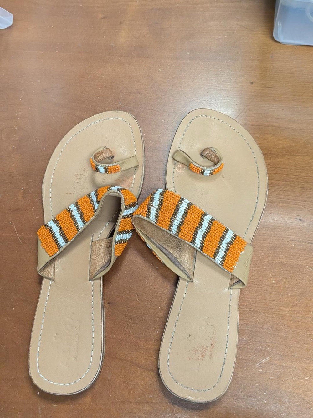 Tan Sandals with Orange & White Beaded Stripes